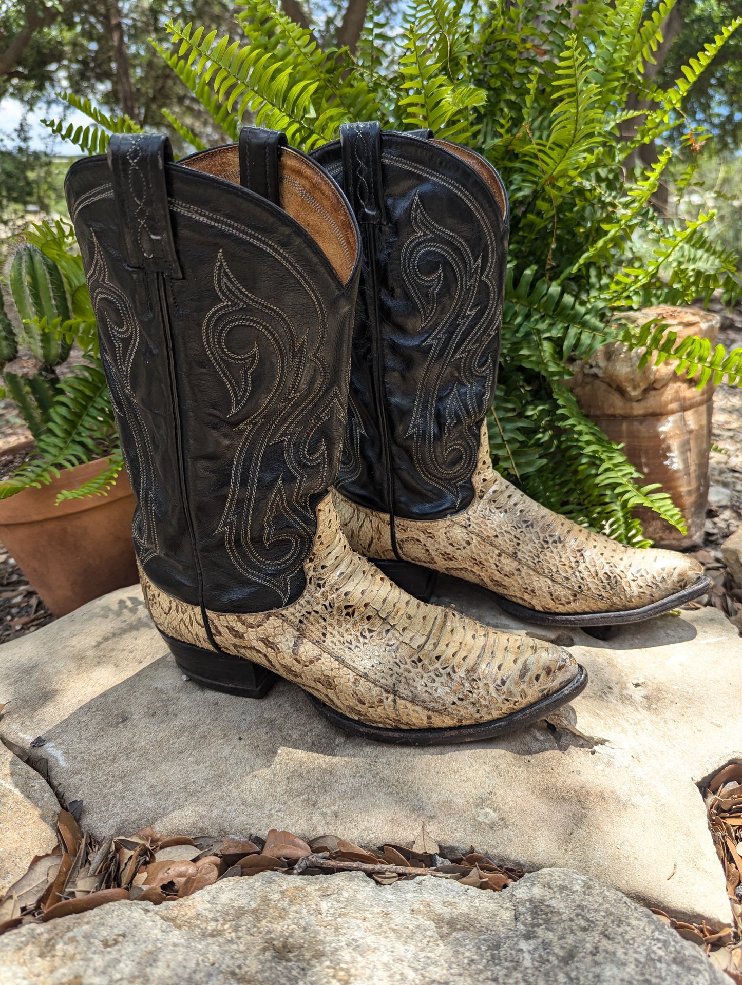 Tony Lama Vintage Snakeskin and Leather Cowboy Boots - Size 9.5D