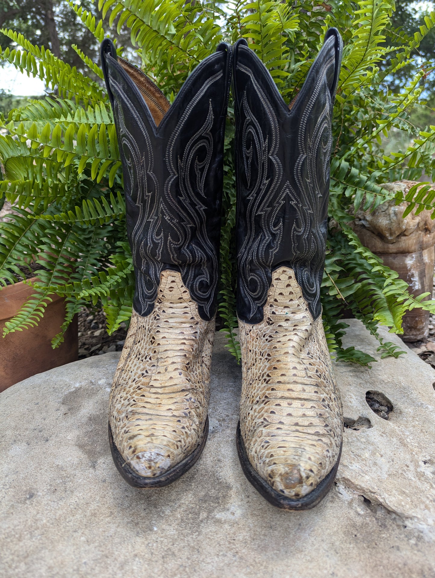 Tony Lama Vintage Snakeskin and Leather Cowboy Boots - Size 9.5D