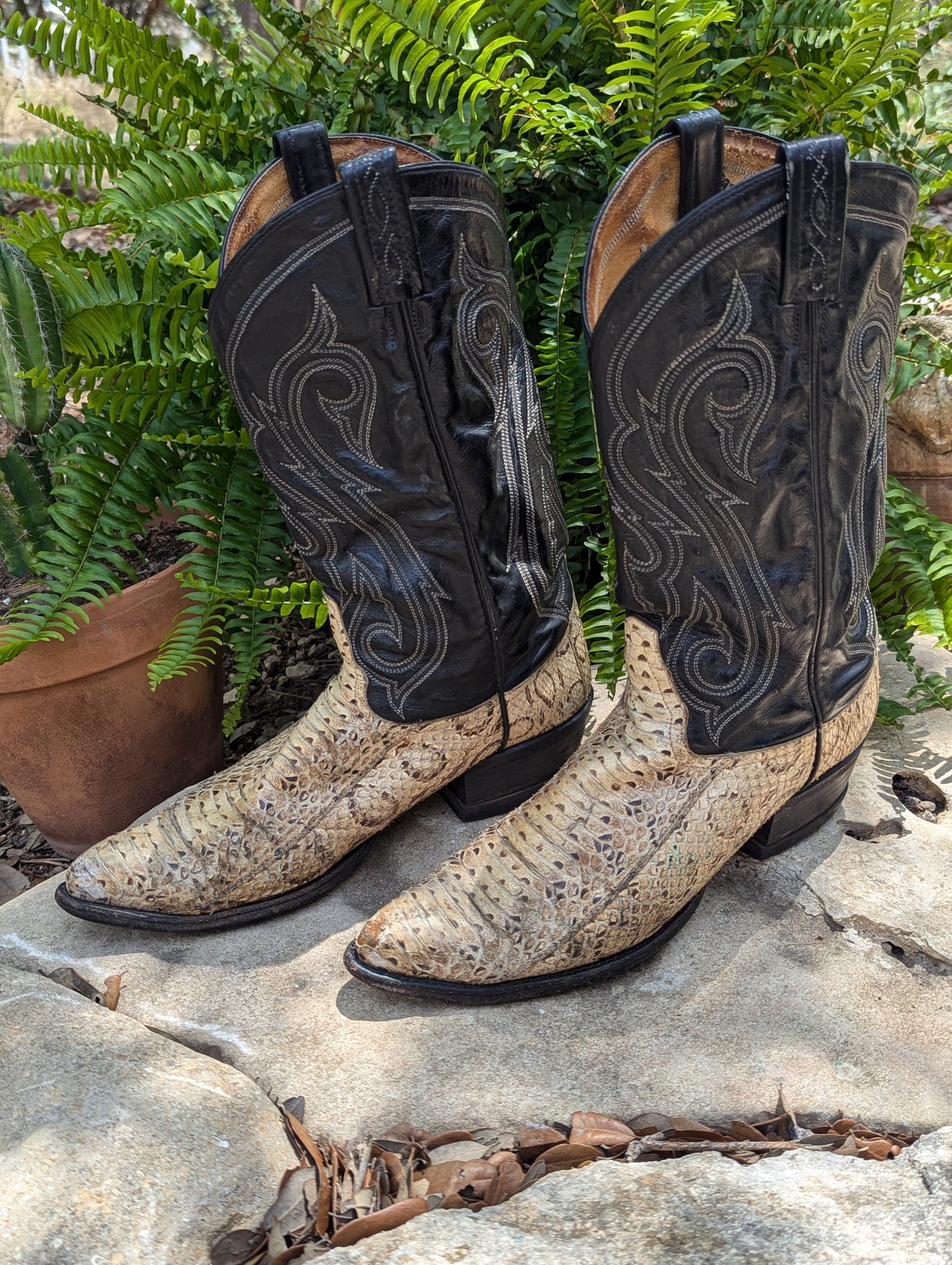 Tony Lama Vintage Snakeskin and Leather Cowboy Boots - Size 9.5D