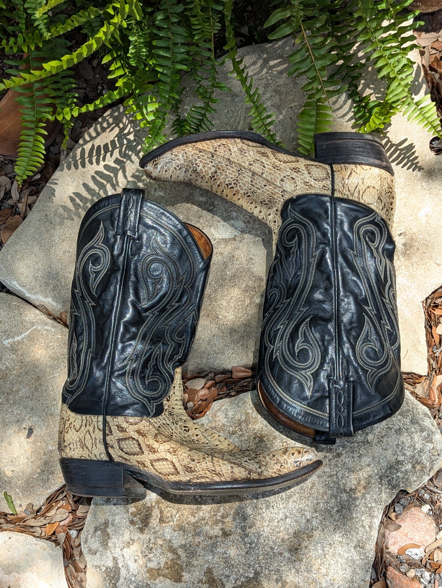 Tony Lama Vintage Snakeskin and Leather Cowboy Boots - Size 9.5D