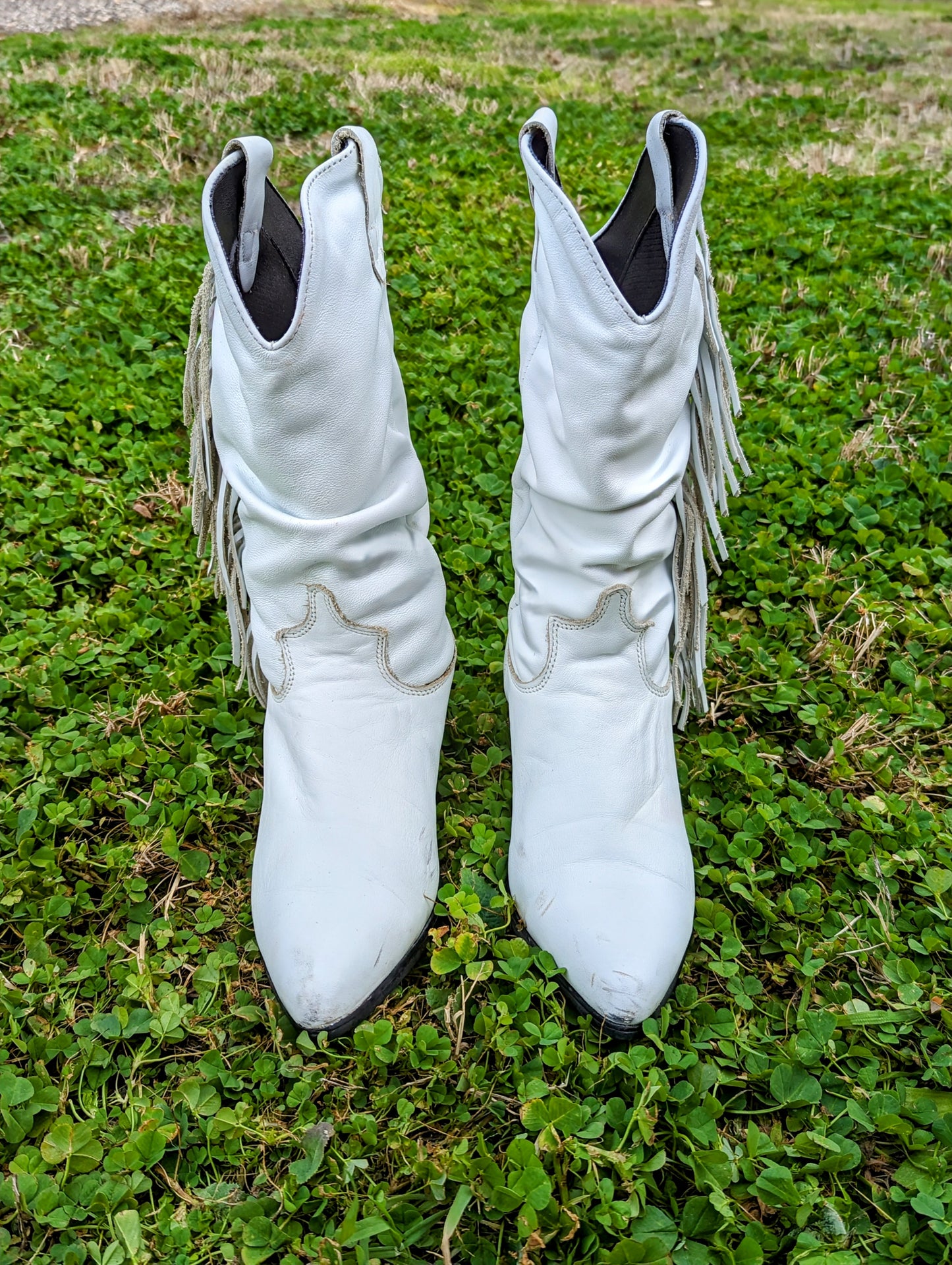 Rodeo Drive Vintage White Leather Fringe Cowgirl Boots - Size 6.5