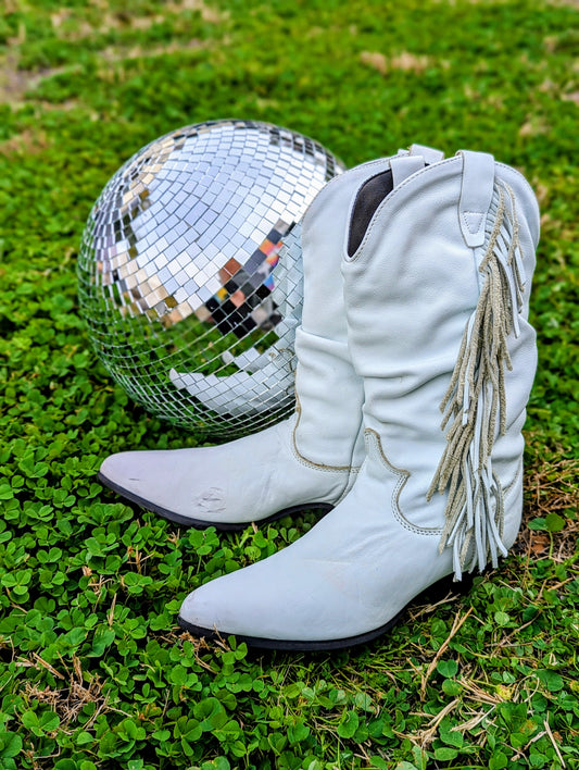 Vintage White Leather Fringe Cowgirl Boots - Size 6.5