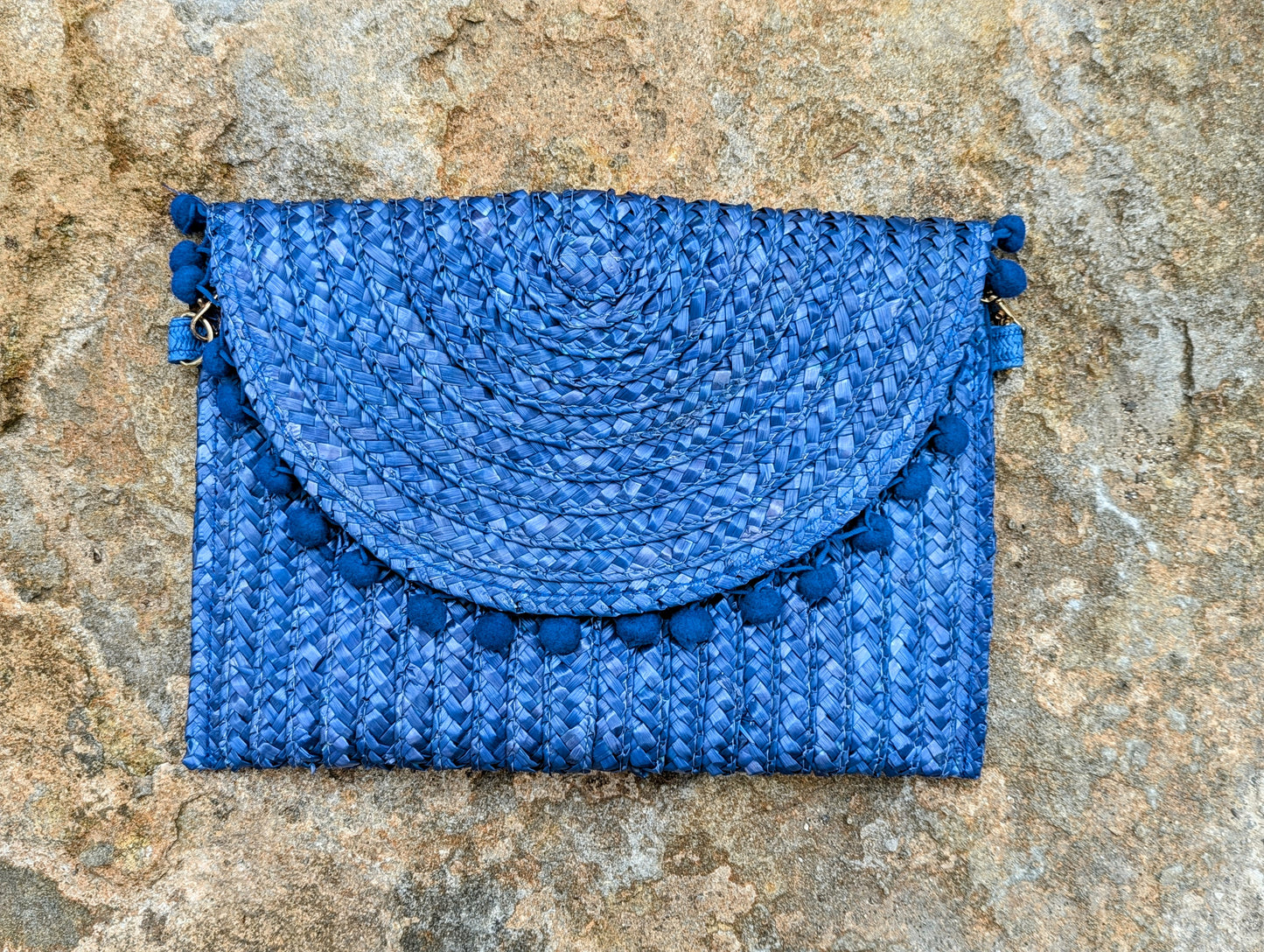 Blue Straw Purse With Gold Chain Strap