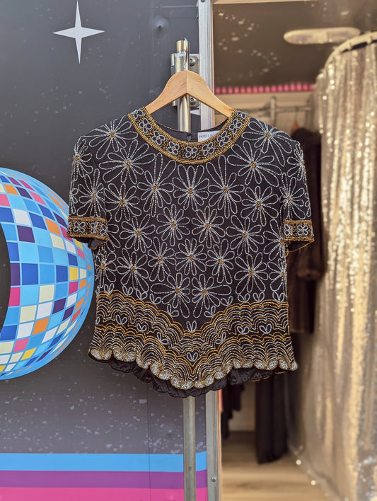 80's Vintage Papell Boutique Beaded Silk Floral Blouse