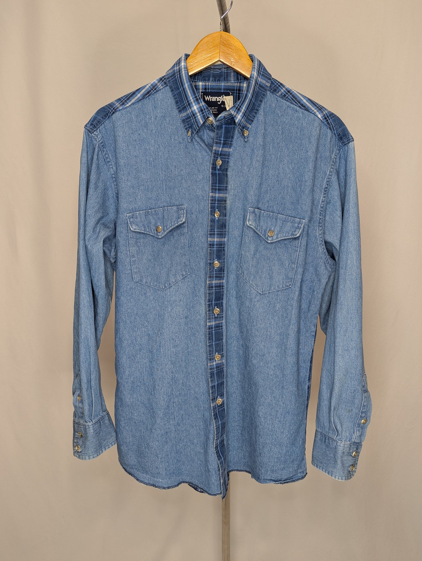 80's Wrangler Chambray and Plaid Long Sleeve Western Shirt