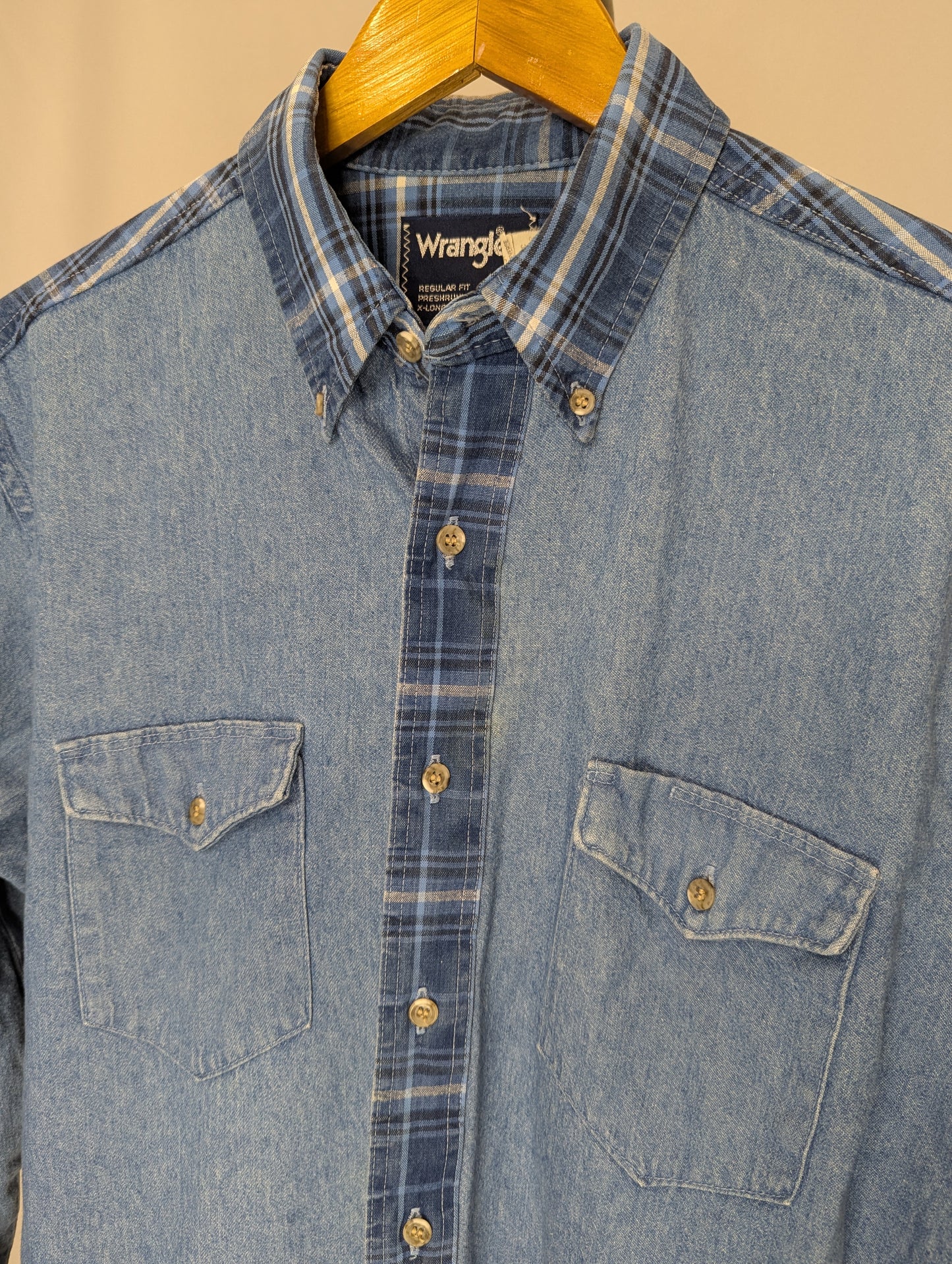 80's Wrangler Chambray and Plaid Long Sleeve Western Shirt