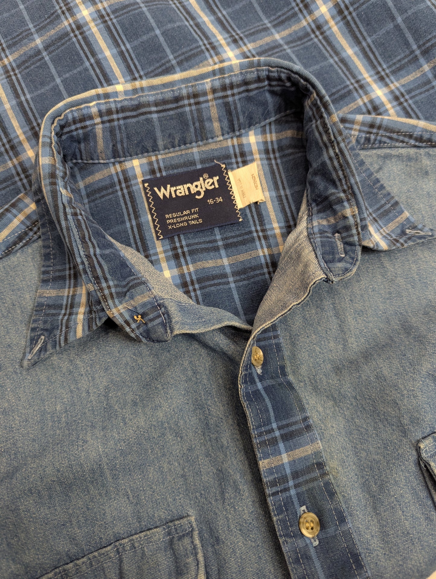 80's Wrangler Chambray and Plaid Long Sleeve Western Shirt