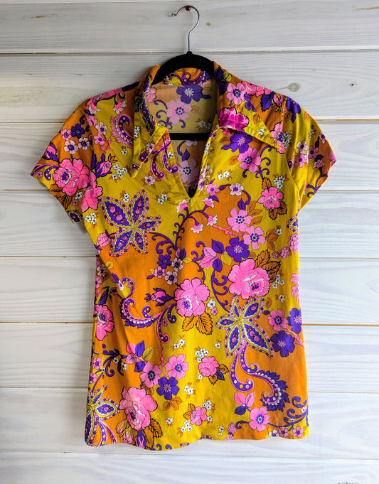 60's Psychedelic Floral Short Sleeve Top