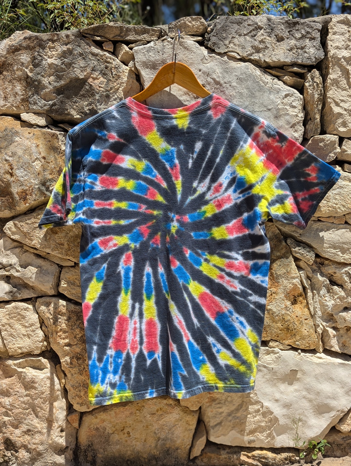 Blue, Red, Yellow, and Black Spiral Tie Dye Shirt - Size YXL.