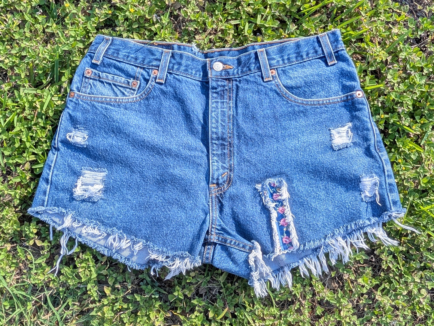 Levi's 505 Distressed Cutoff Denim Shorts with Floral Patch