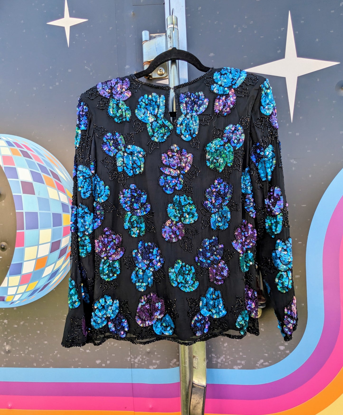 80's Royal Feelings Floral Sequin Beaded Blouse - Size S