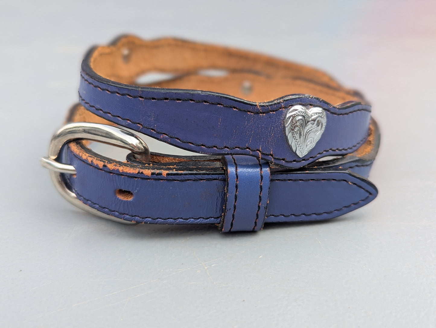 Vintage Circle Y Purple Leather Silver Heart Belt