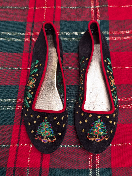 80's Christmas Tree Embroidered Flats - Size 7